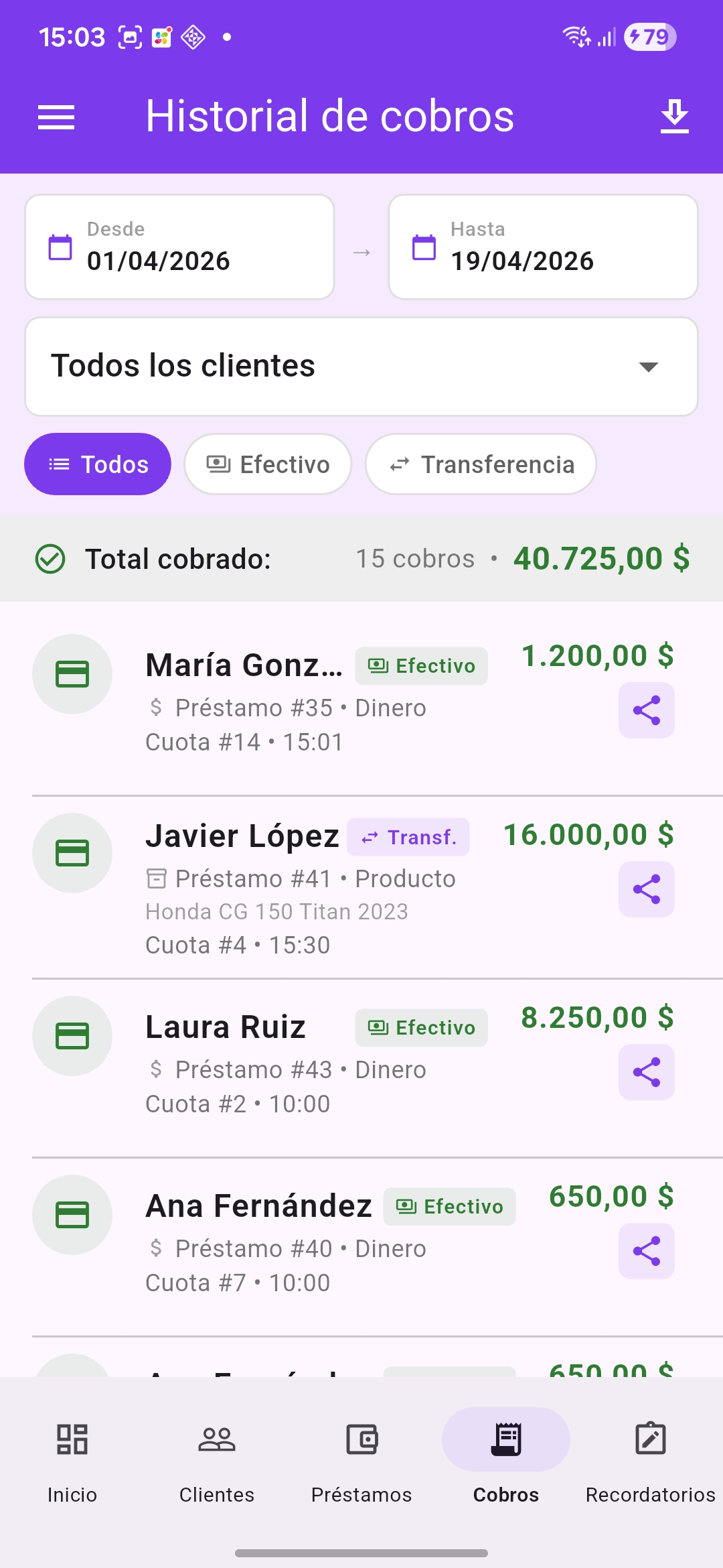 Historial de cobros