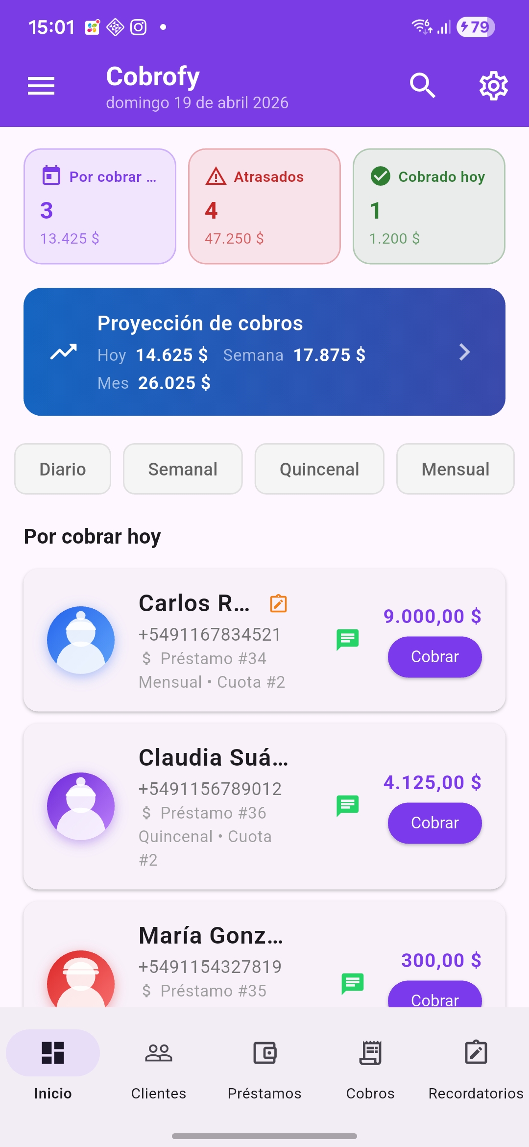 Panel de cobros de Cobrofy